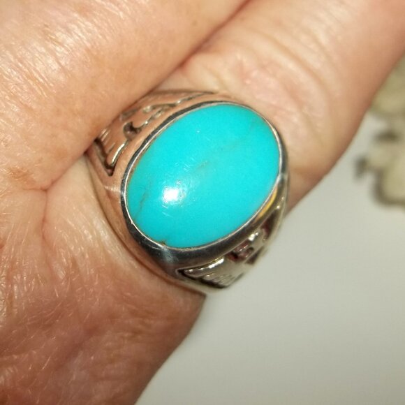 Vintage Turquoise Silver Navajo Ring Phoenix Unisex US Size 8.25 Jewelry D162 - Picture 5 of 6